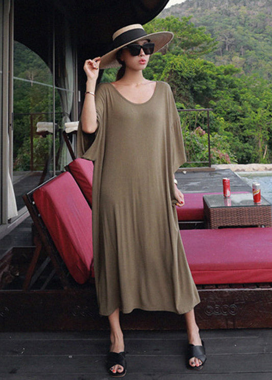 Loose Army Green O-Neck Cotton Dress Three Quarter Sleeve