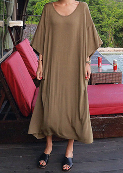 Loose Army Green O-Neck Cotton Dress Three Quarter Sleeve