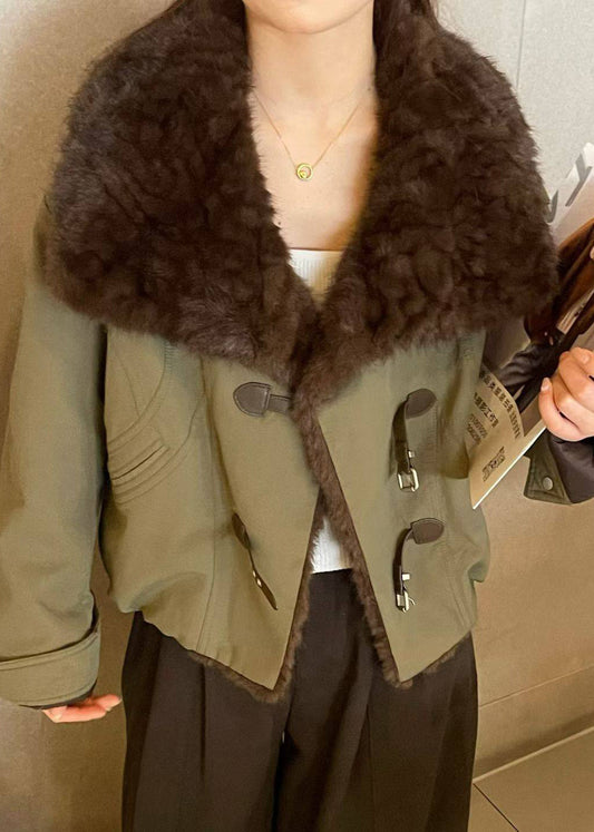 Loose Army Green Peter Pan Collar Fluffy Patchwork Parkas