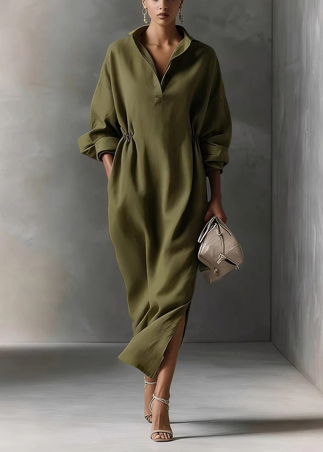 Loose Army Green Peter Pan Collar Maxi Dress Fall