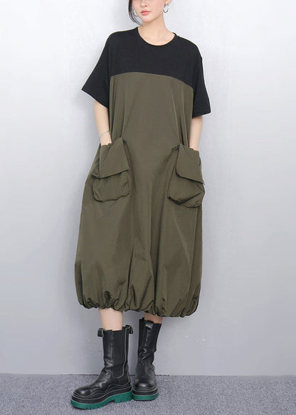 Loose Army Green Pockets Patchwork Dress Summer