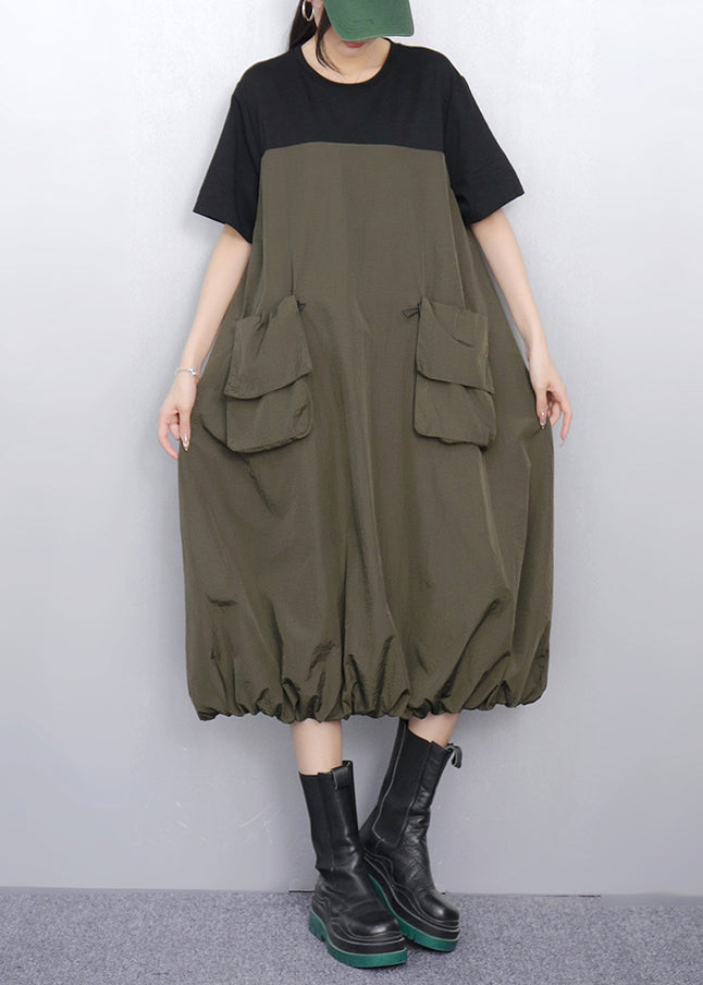 Loose Army Green Pockets Patchwork Dress Summer