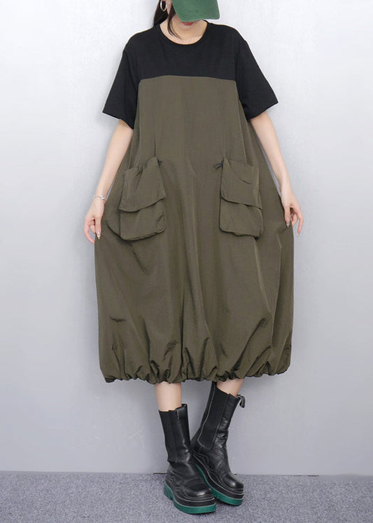 Loose Army Green Pockets Patchwork Dress Summer