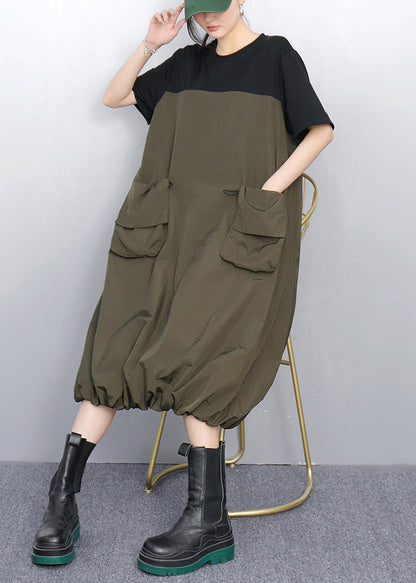 Loose Army Green Pockets Patchwork Dress Summer