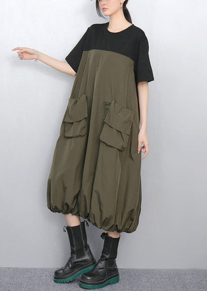 Loose Army Green Pockets Patchwork Dress Summer