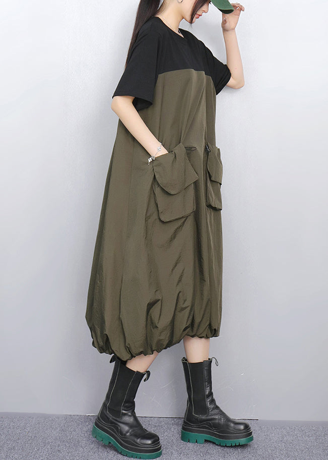 Loose Army Green Pockets Patchwork Dress Summer