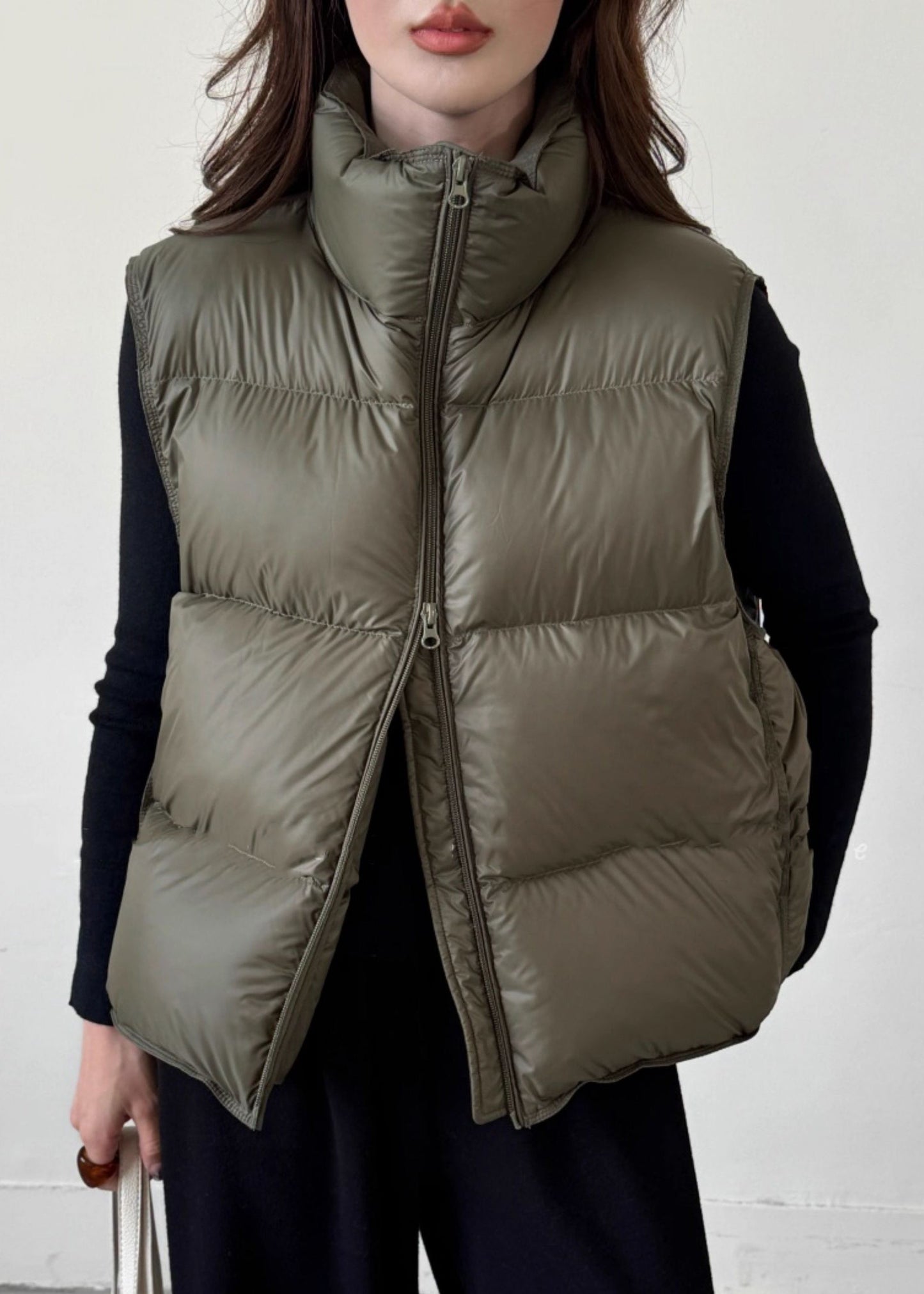 Loose Army Green Zip Up Srawstring Duck Down Waistcoat Winter
