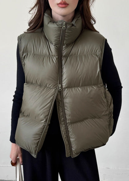 Loose Army Green Zip Up Srawstring Duck Down Waistcoat Winter
