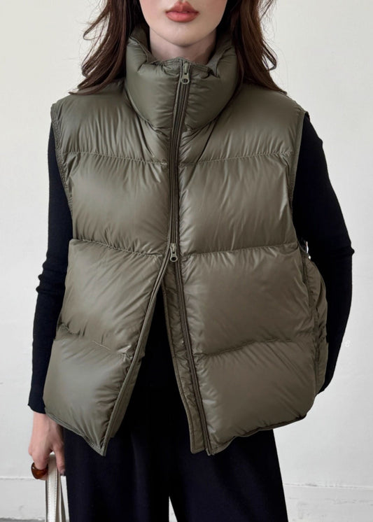 Loose Army Green Zip Up Srawstring Duck Down Waistcoat Winter