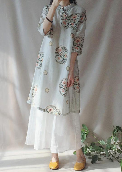 Loose Auspicious Clouds Dress Stand Collar Falf Sleeve Dress - SooLinen