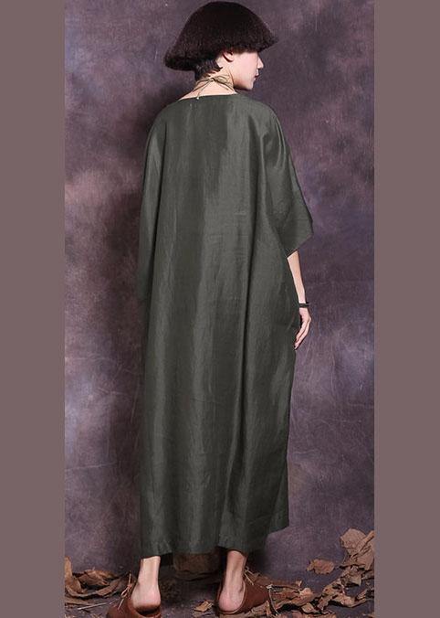 Loose Batwing Sleeve cotton Tunics Wardrobes blackish green loose Dresses summer - SooLinen