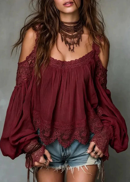 Loose Beige Cold Shoulder Lace Patchwork Top Puff Sleeve