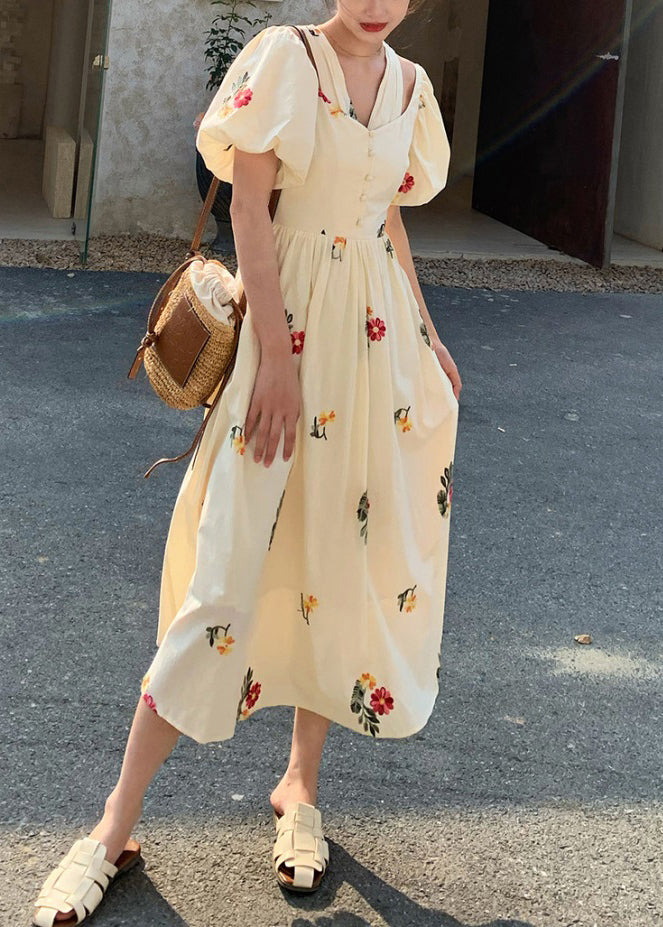 Loose Beige Embroidered False Two Pieces Cotton Dresses Summer