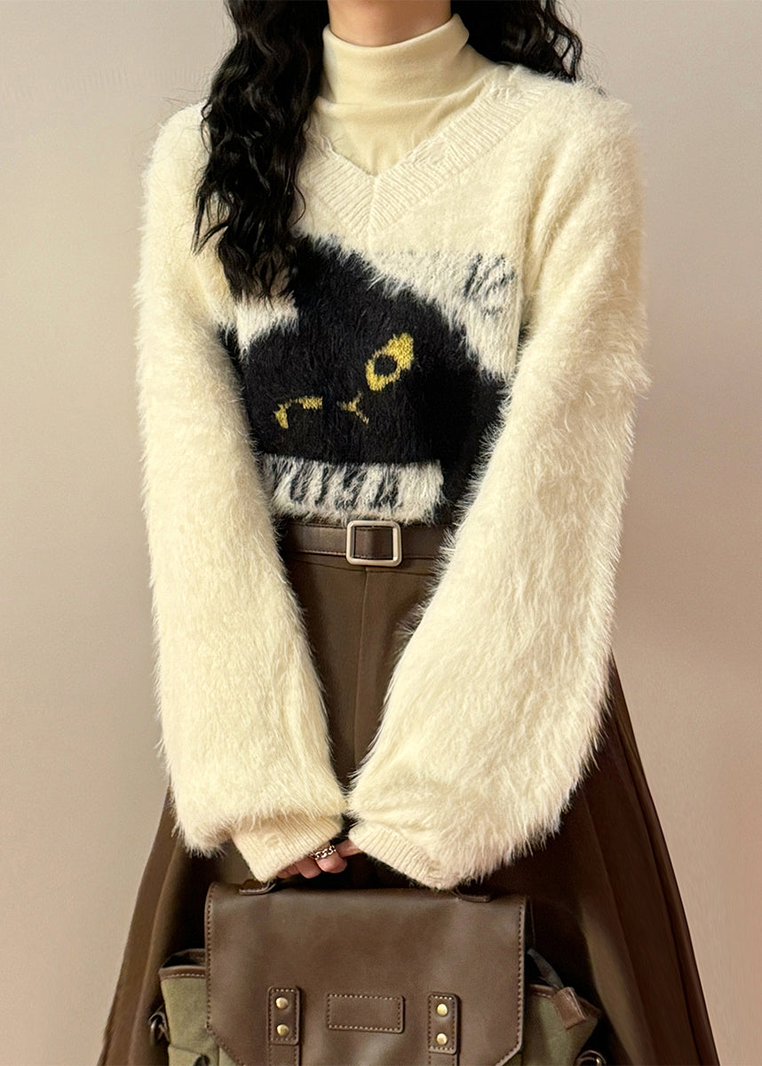 Loose Beige Hole Cats Cozy Mink Hair Knitted Sweater Spring