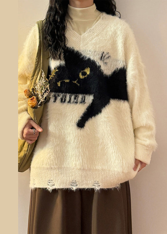 Loose Beige Hole Cats Cozy Mink Hair Knitted Sweater Spring