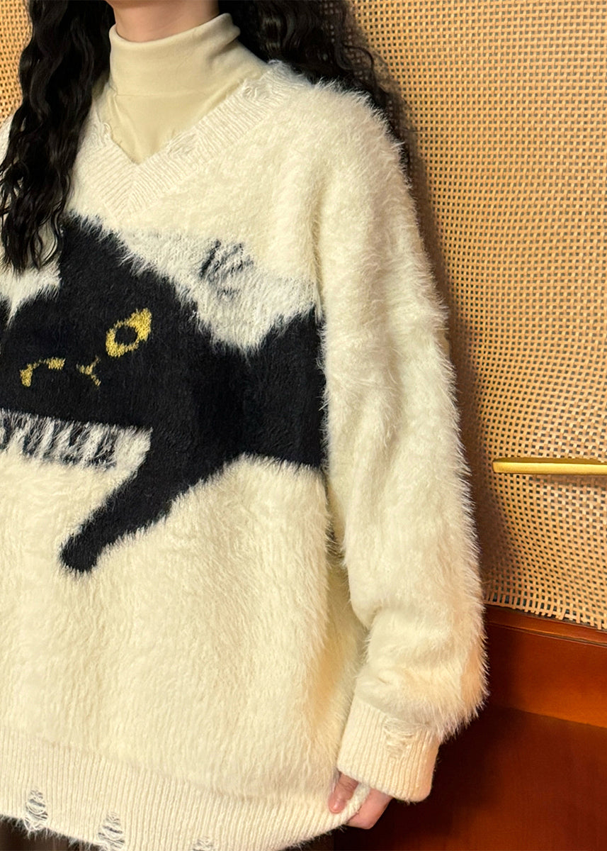 Loose Beige Hole Cats Cozy Mink Hair Knitted Sweater Spring