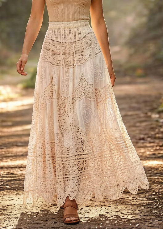 Loose Beige Hollow Out Drawstring Cotton Skirts Summer