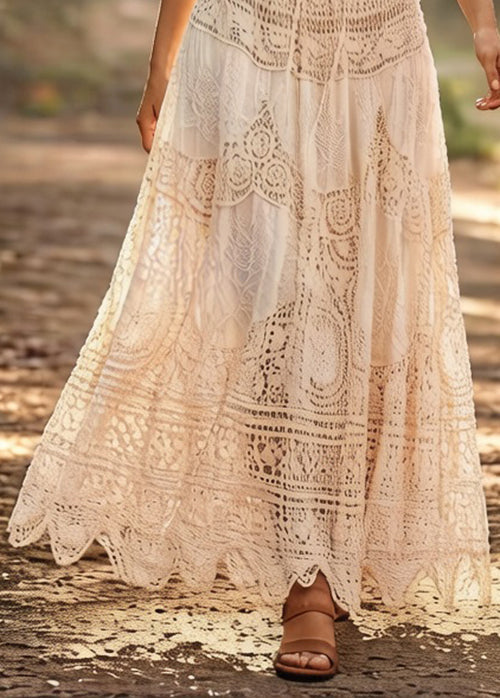 Loose Beige Hollow Out Drawstring Cotton Skirts Summer