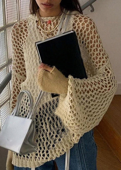 Loose Beige Hollow Out Solid Knit Sweater Summer