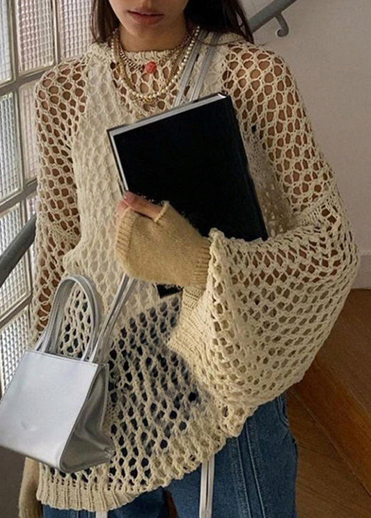 Loose Beige Hollow Out Solid Knit Sweater Summer