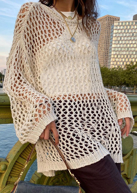 Loose Beige Hollow Out Solid Knit Sweater Summer