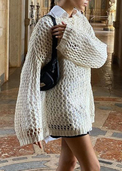 Loose Beige Hollow Out Solid Knit Sweater Summer
