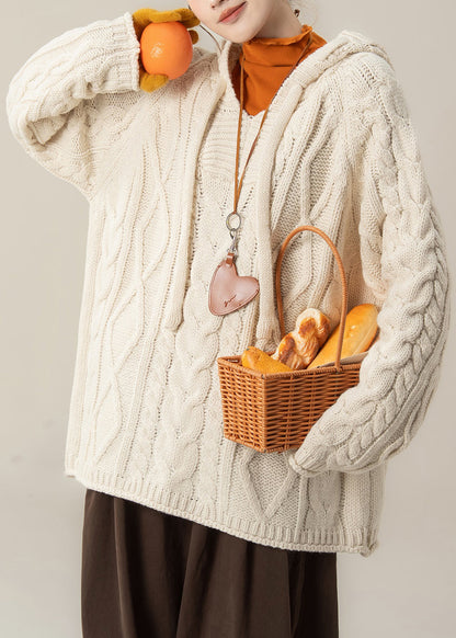 Loose Beige Hooded Cozy Cable Knit Sweater Tops Spring