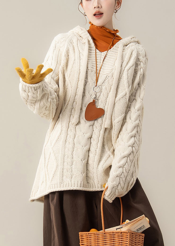 Loose Beige Hooded Cozy Cable Knit Sweater Tops Spring