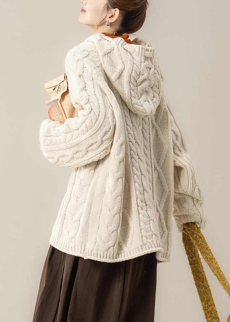 Loose Beige Hooded Cozy Cable Knit Sweater Tops Spring