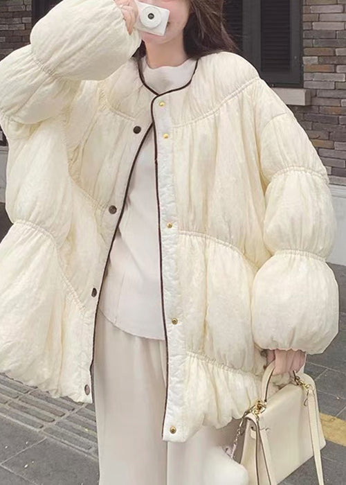 Loose Beige O Neck Button Pockets Duck Down Down Coat Lantern Sleeve