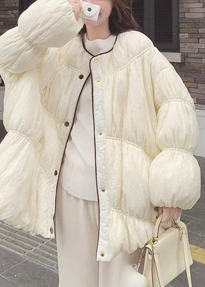 Loose Beige O Neck Button Pockets Duck Down Down Coat Lantern Sleeve
