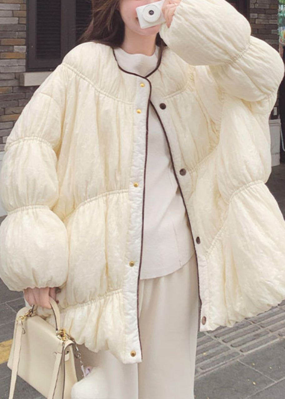 Loose Beige O Neck Button Pockets Duck Down Down Coat Lantern Sleeve