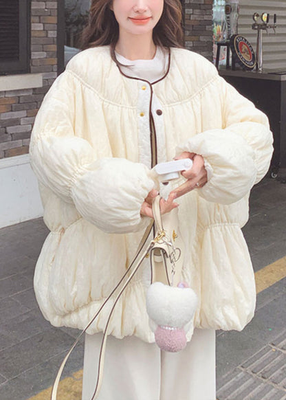 Loose Beige O Neck Button Pockets Duck Down Down Coat Lantern Sleeve