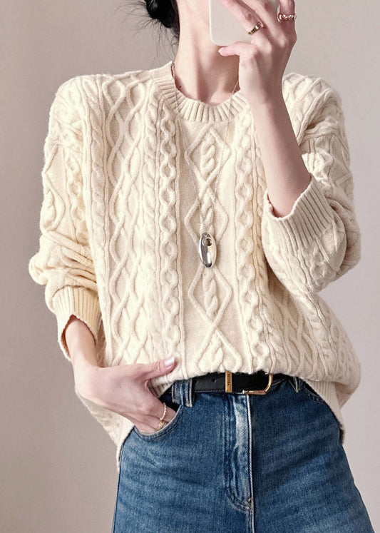 Loose Beige O-Neck Cotton Knit Sweater Tops Long Sleeve