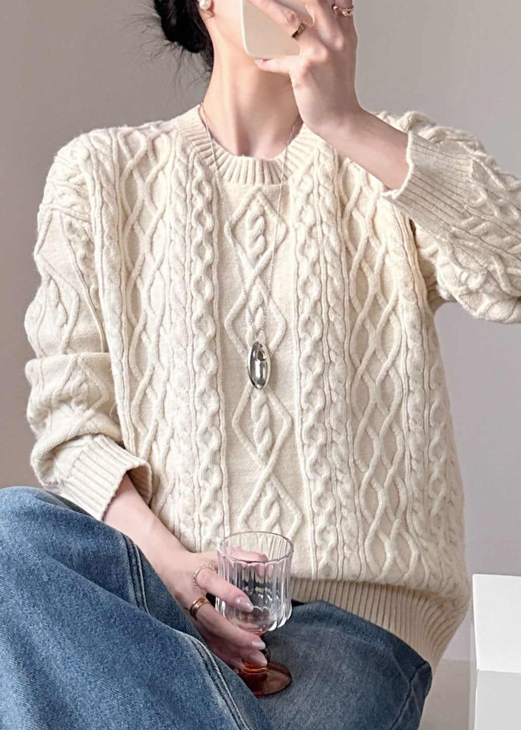 Loose Beige O-Neck Cotton Knit Sweater Tops Long Sleeve