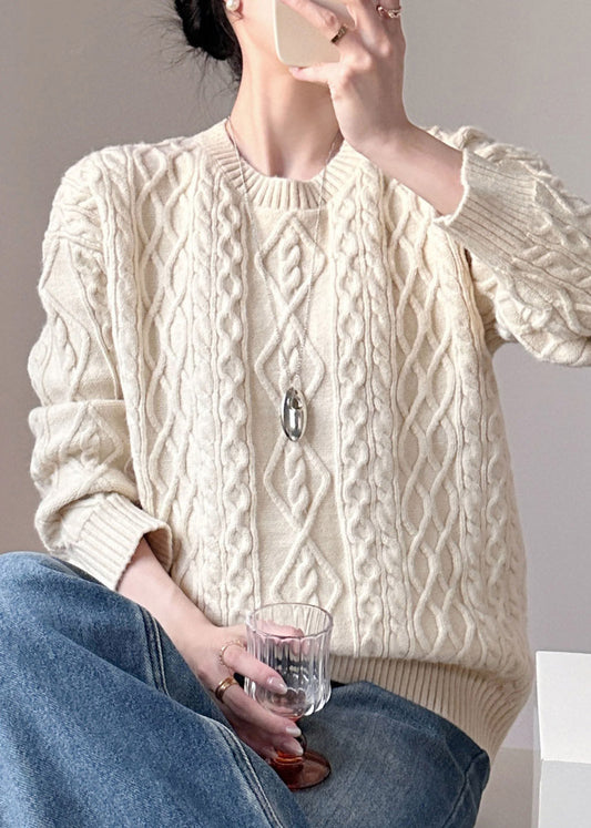 Loose Beige O-Neck Cotton Knit Sweater Tops Long Sleeve
