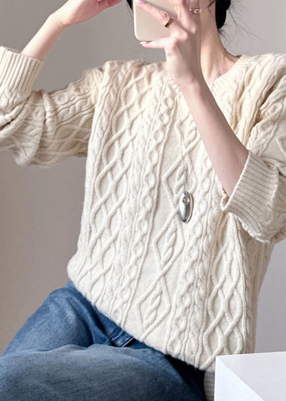 Loose Beige O-Neck Cotton Knit Sweater Tops Long Sleeve