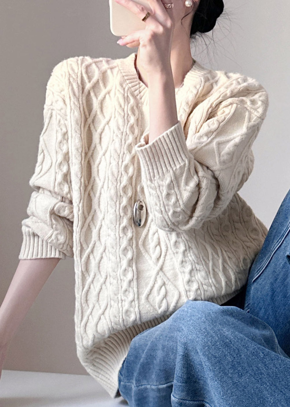 Loose Beige O-Neck Cotton Knit Sweater Tops Long Sleeve