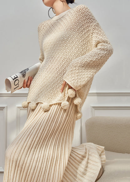 Loose Beige O Neck Hollow Out Fuzzy Ball Decorated Knit Two Pieces Set Fall