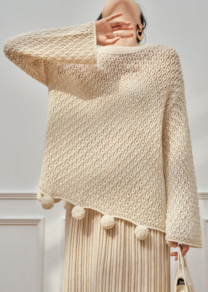 Loose Beige O Neck Hollow Out Fuzzy Ball Decorated Knit Two Pieces Set Fall