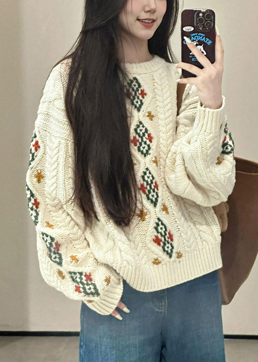 Loose Beige O Neck Plaid Cable Knitted Cotton Sweater Spring