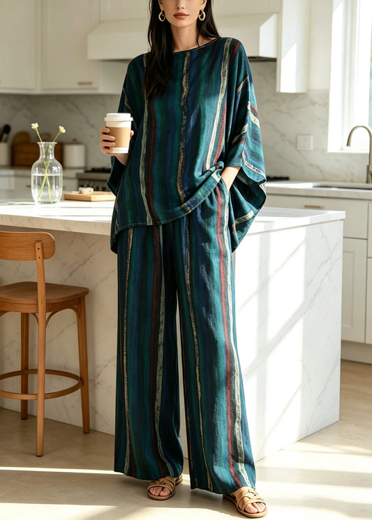 Loose Beige O-Neck Print Pajamas Two Pieces Set Batwing Sleeve