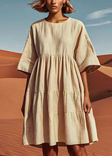 Load image into Gallery viewer, Loose Beige O Neck Wrinkled Patchwork Linen Mid Dresses Summer