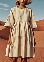 Load image into Gallery viewer, Loose Beige O Neck Wrinkled Patchwork Linen Mid Dresses Summer
