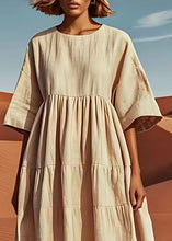 Load image into Gallery viewer, Loose Beige O Neck Wrinkled Patchwork Linen Mid Dresses Summer
