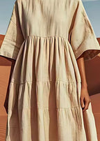 Loose Beige O Neck Wrinkled Patchwork Linen Mid Dresses Summer