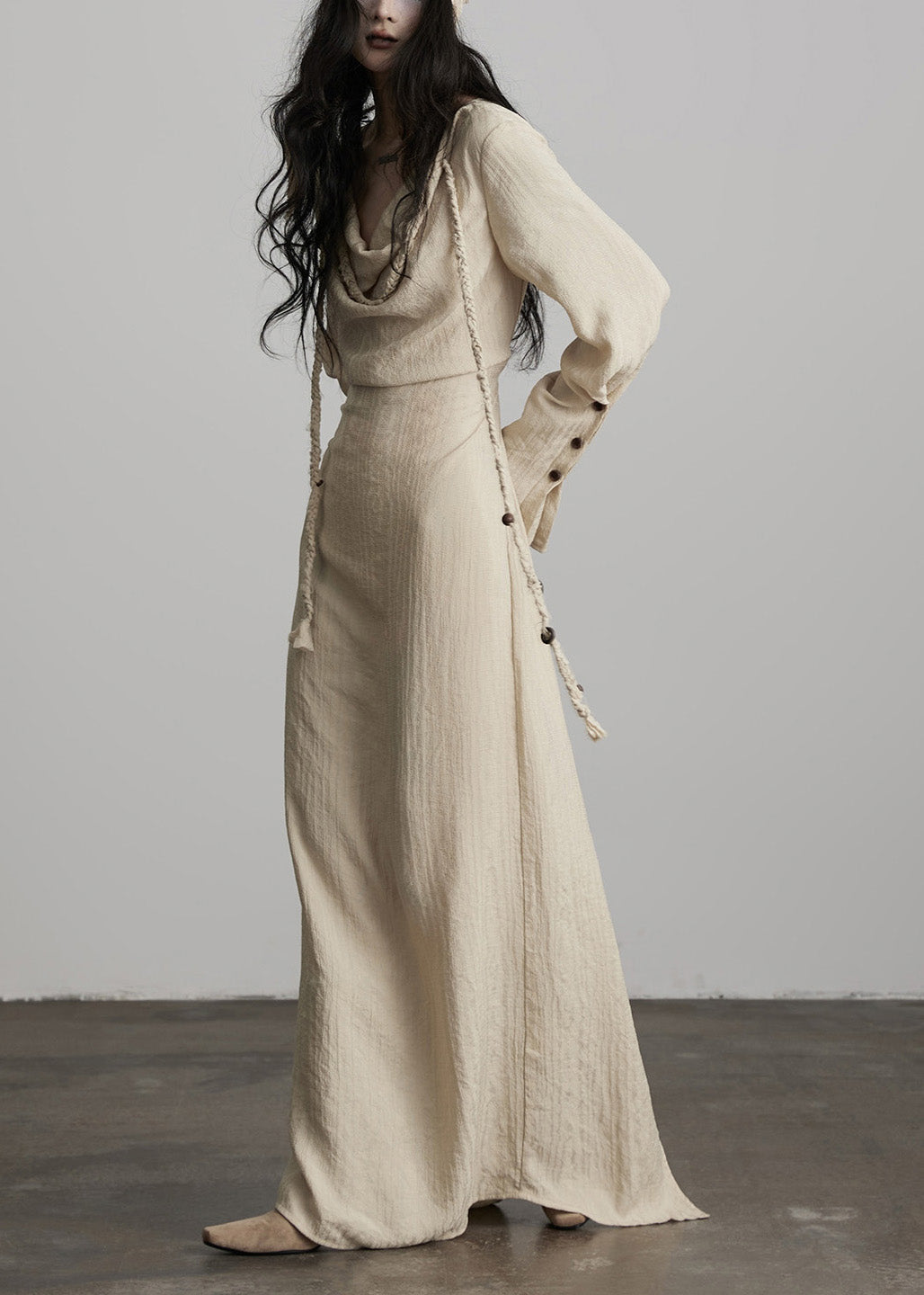 Loose Beige Patchwork Soild Long Dresses Fall