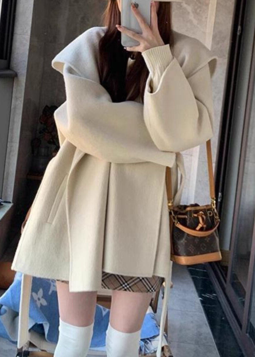 Loose Beige Patchwork Woolen Hoodies Coats Fall