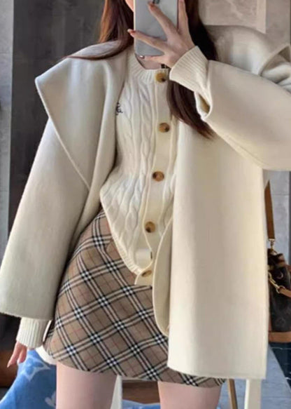 Loose Beige Patchwork Woolen Hoodies Coats Fall