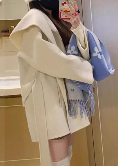 Loose Beige Patchwork Woolen Hoodies Coats Fall